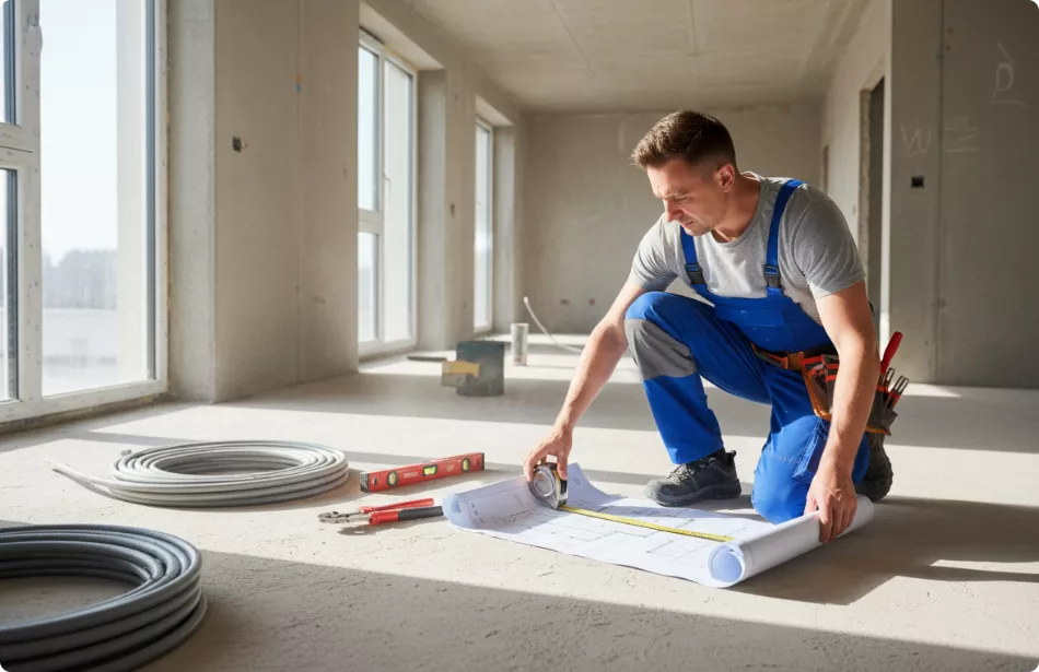 Man die aan het inmeten is om vloerverwarmign te gaan leggen